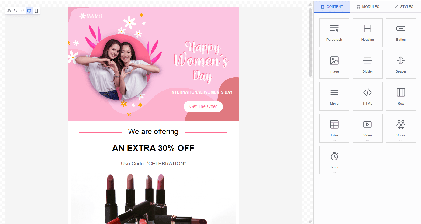 Dragble embeddable email template builder editing a responsive HTML email