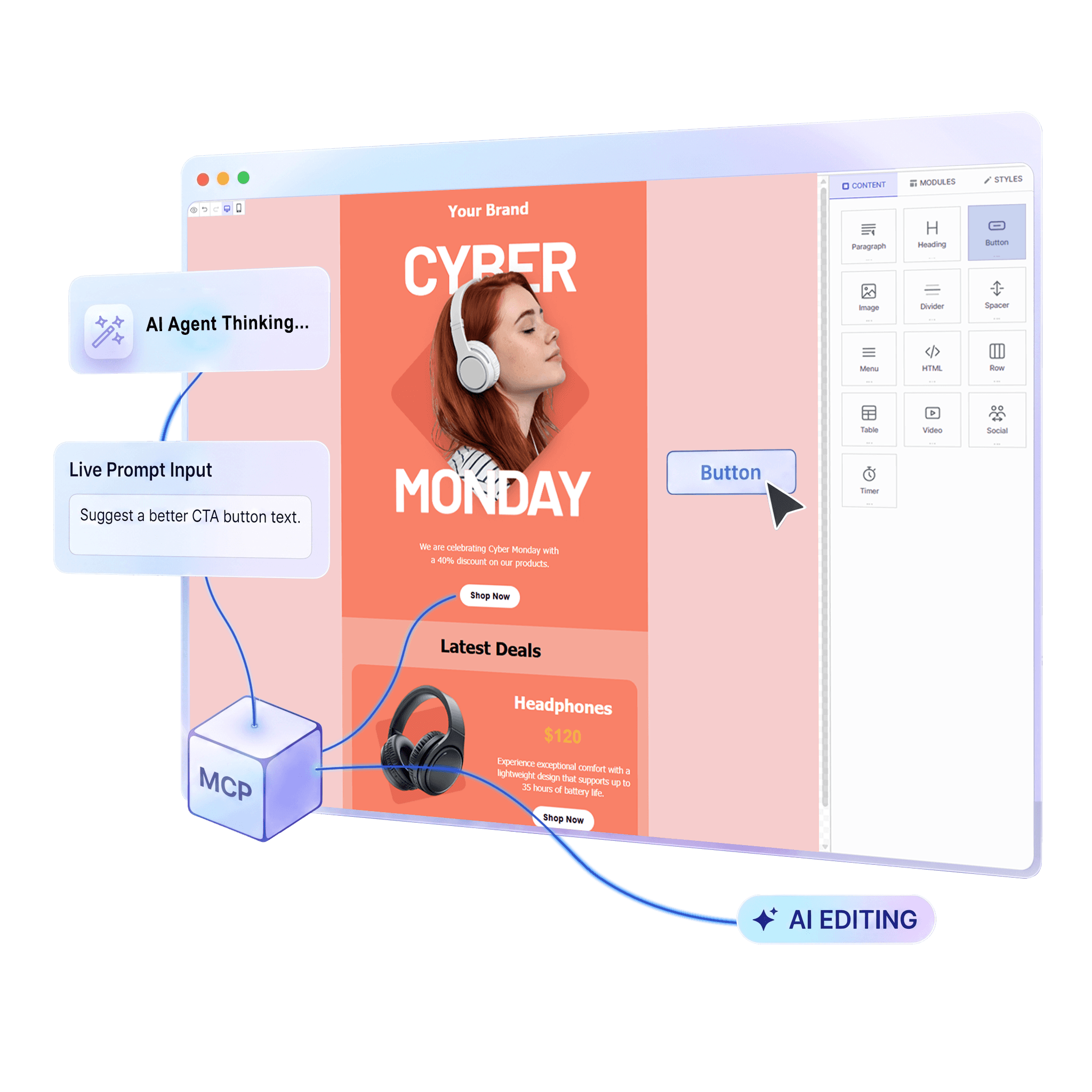 Dragble email template builder with AI agent thinking cards, live prompt input, MCP data cube, and a drag-and-drop HTML email editor